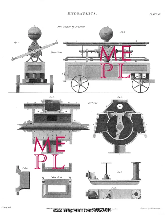 : Engraving of a Rowntree fire engine : Engraving of a Rowntree fire engine