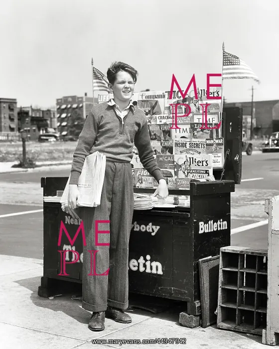 : Enterprising Boy Standing by Newspaper and Magazine : Enterprising Boy Standing by Newspaper and Magazine
