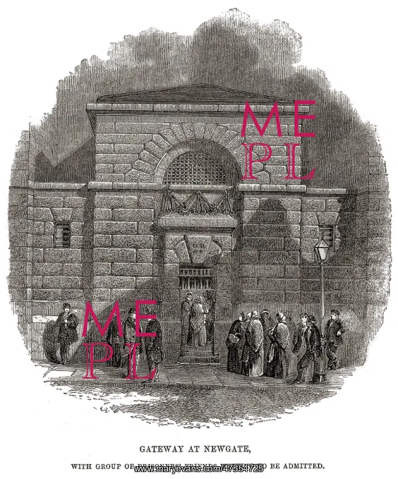 : Entrance gate with waiting visitors, Newgate Prison : Entrance gate with waiting visitors, Newgate Prison