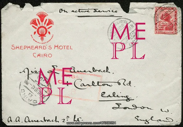 : Envelope from Egypt addressed to Miss L Auerbach, WW1 : Envelope from Egypt addressed to Miss L Auerbach, WW1