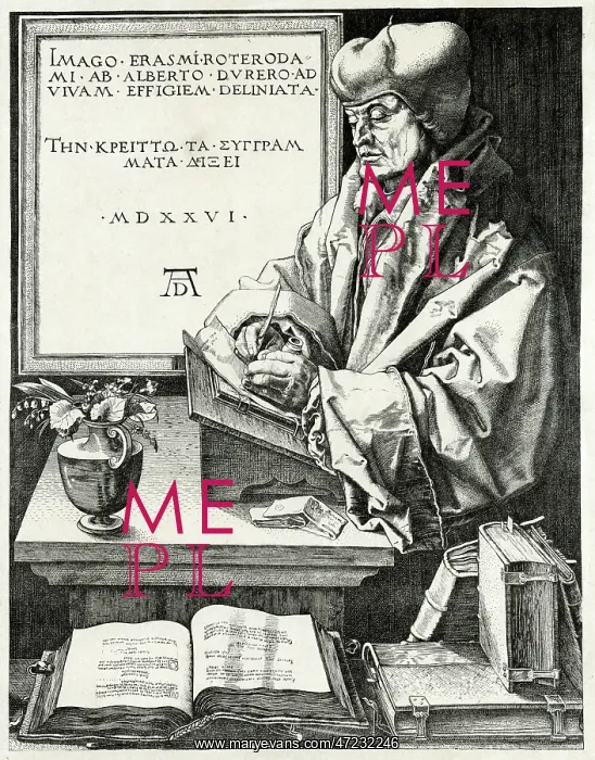 : ERASMUS. DESIDERIUS ERASMUS (1466 - 1536), Dutch humanist writing, surrounded by his books : ERASMUS. DESIDERIUS ERASMUS (1466 - 1536), Dutch humanist writing, surrounded by his books