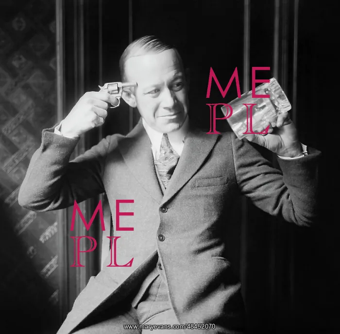 : Ernie Hare holding an empty mug and a pistol : Ernie Hare holding an empty mug and a pistol