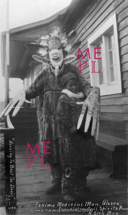 : Eskimo medicine man in mask and sick boy, ? : Eskimo medicine man in mask and sick boy, ?