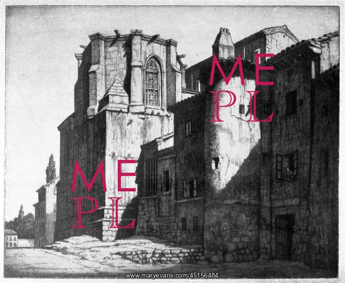 : Etching. An etching showing a group of old attached buildings : Etching. An etching showing a group of old attached buildings