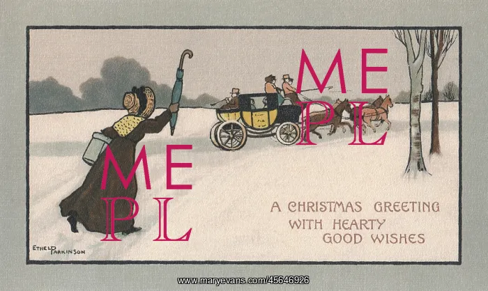 : Ethel Parkinson, Christmas card, woman hailing stage coach : Ethel Parkinson, Christmas card, woman hailing stage coach