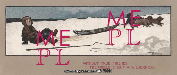 : Ethel Parkinson, Christmas card, boy falls off dog sledge : Ethel Parkinson, Christmas card, boy falls off dog sledge