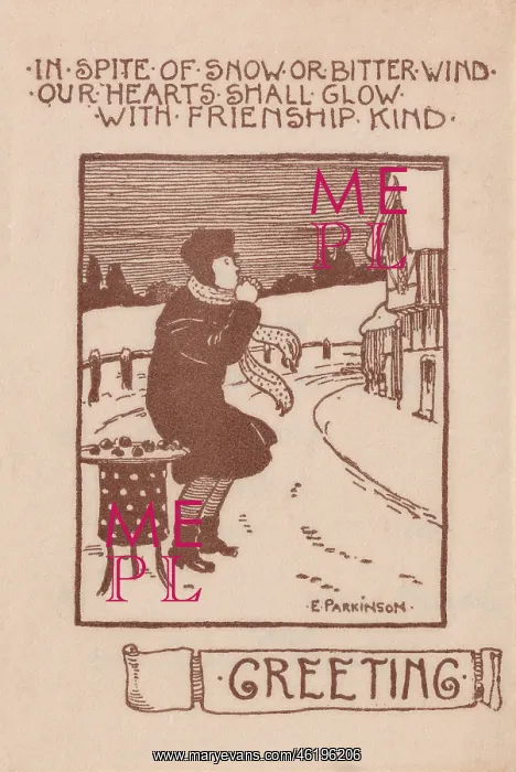 : Ethel Parkinson, Christmas card, chestnut seller and brazier : Ethel Parkinson, Christmas card, chestnut seller and brazier