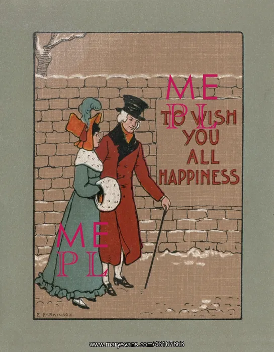 : Ethel Parkinson, greetings card, couple in Regency costume : Ethel Parkinson, greetings card, couple in Regency costume