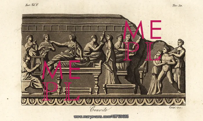 : Etruscans in garlands lying on couches at a feast : Etruscans in garlands lying on couches at a feast