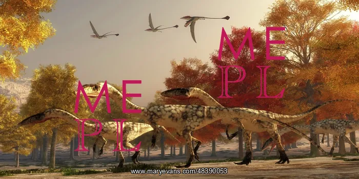 : Three Eudimorphodons fly above a group of Coelophysis in an : Three Eudimorphodons fly above a group of Coelophysis in an