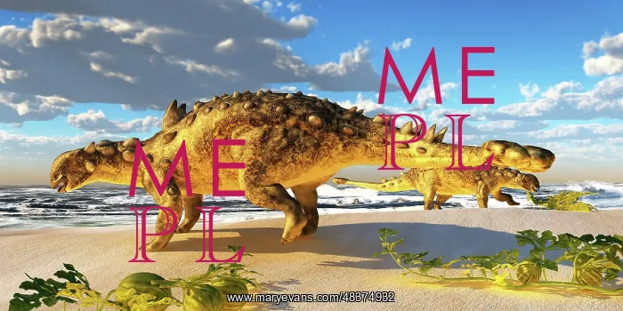 : Euoplocephalus dinosaurs munch on melons on an ocean beach : Euoplocephalus dinosaurs munch on melons on an ocean beach