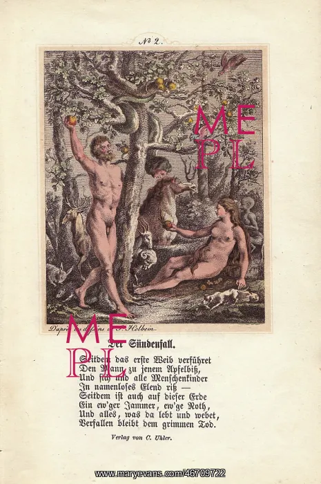 : Eve holds up an apple to Adam, and entices : Eve holds up an apple to Adam, and entices