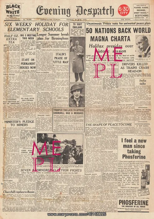 : Evening Dispatch newspaper - Founding of the United Nations : Evening Dispatch newspaper - Founding of the United Nations