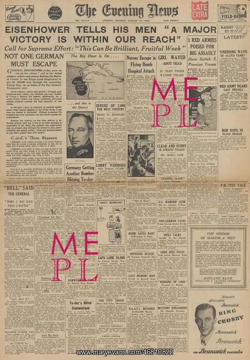 : The Evening News front page Eisenhower victory speech : The Evening News front page Eisenhower victory speech