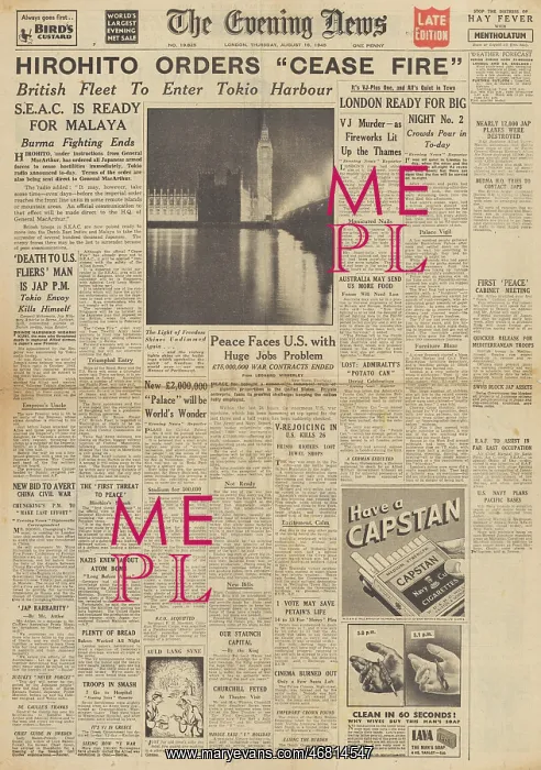: The Evening News front page Hirohito orders ceasefire : The Evening News front page Hirohito orders ceasefire