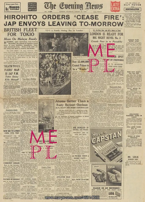: The Evening News front page Hirohito orders ceasefire : The Evening News front page Hirohito orders ceasefire