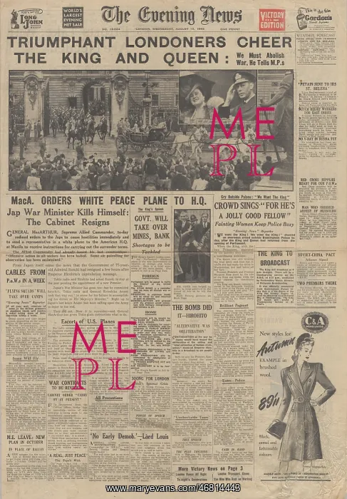 : The Evening News front page Surrender of Japan : The Evening News front page Surrender of Japan