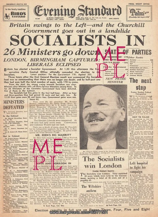 : Evening Standard (London) Attlee and Labour Win General Elec : Evening Standard (London) Attlee and Labour Win General Elec