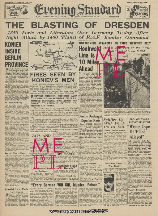 : Evening Standard front page Allied bombing of Dresden : Evening Standard front page Allied bombing of Dresden