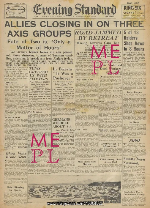 : Evening Standard front page Allies capture Tunis & Bizerte : Evening Standard front page Allies capture Tunis & Bizerte