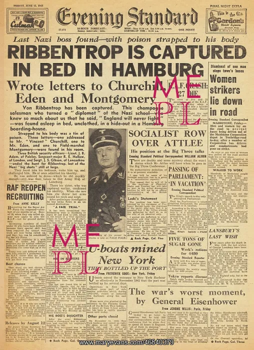 : Evening Standard front page capture of von Ribbentrop : Evening Standard front page capture of von Ribbentrop