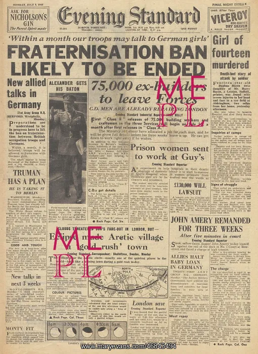 : Evening Standard front page Fraternisation ban ended : Evening Standard front page Fraternisation ban ended