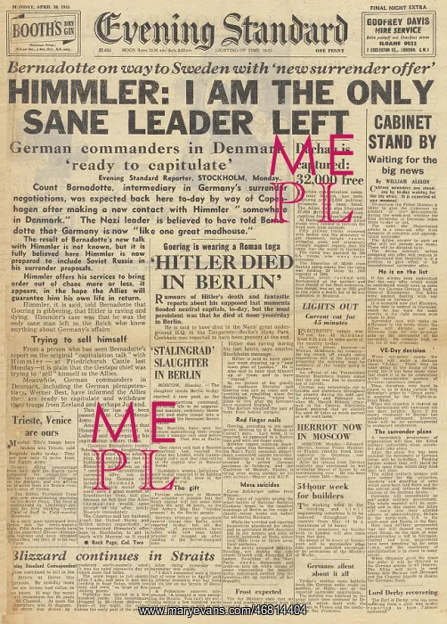 : Evening Standard front page Himmler surrender offer : Evening Standard front page Himmler surrender offer