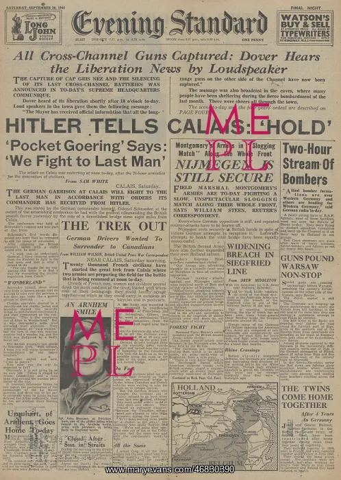 : Evening Standard front page Hitler orders Calais to hold : Evening Standard front page Hitler orders Calais to hold