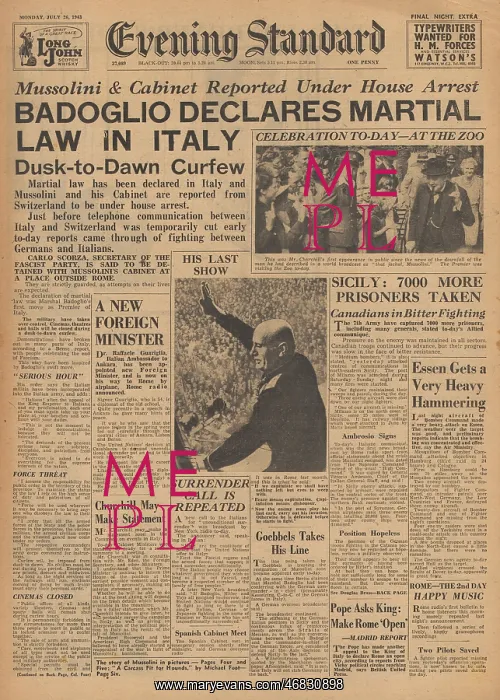 : Evening Standard front page Mussolini dismissed : Evening Standard front page Mussolini dismissed