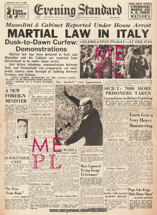 : Evening Standard front page Mussolini dismissed : Evening Standard front page Mussolini dismissed