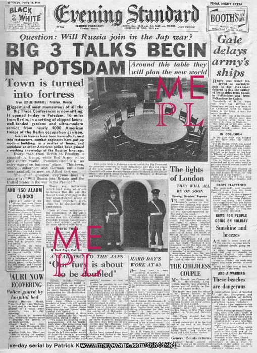 : Evening Standard front page Potsdam Conference begins : Evening Standard front page Potsdam Conference begins