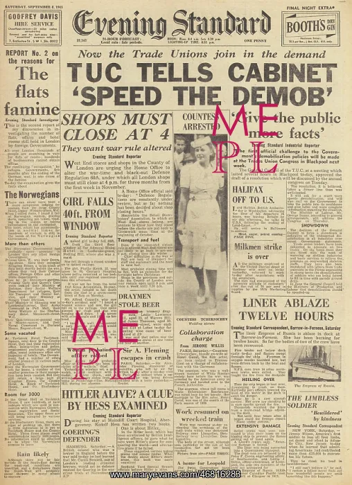 : Evening Standard front page Speed up demobilisation : Evening Standard front page Speed up demobilisation