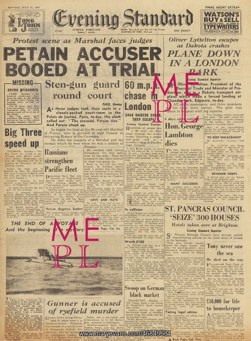 : Evening Standard front page Trial of Marshal Petain : Evening Standard front page Trial of Marshal Petain