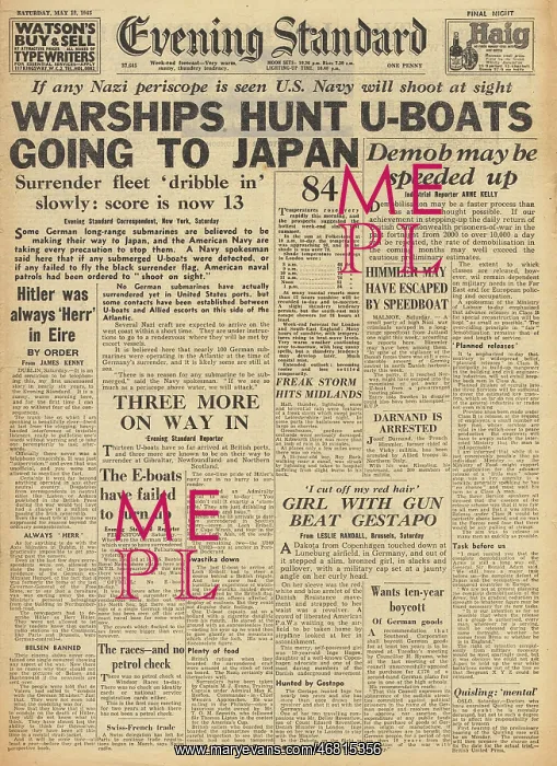 : Evening Standard front page U Boat war : Evening Standard front page U Boat war