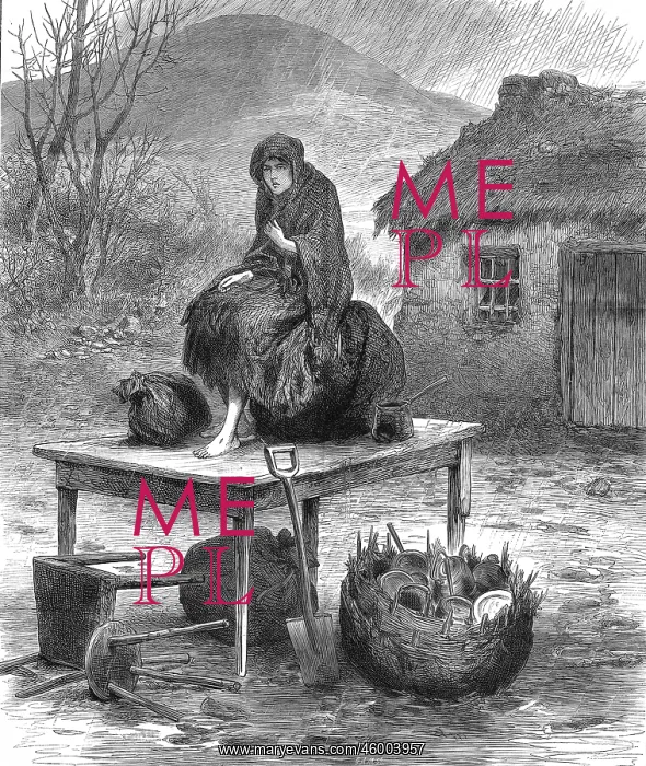 : Evicted woman in the rain with her possessions 1866 : Evicted woman in the rain with her possessions 1866