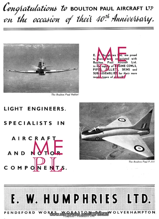 : E.W.Humphires. Wolverhampton. Aircraft Sub Assemblies : E.W.Humphires. Wolverhampton. Aircraft Sub Assemblies