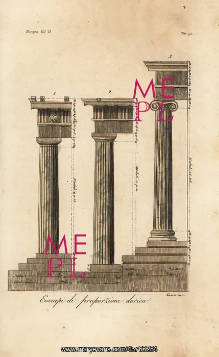 : Examples of the proportions of Doric columns, Greek : Examples of the proportions of Doric columns, Greek