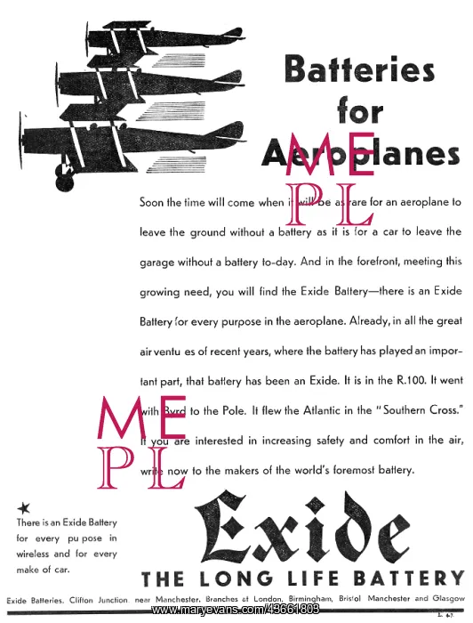 : Exide Aircraft Batteries 1930 : Exide Aircraft Batteries 1930