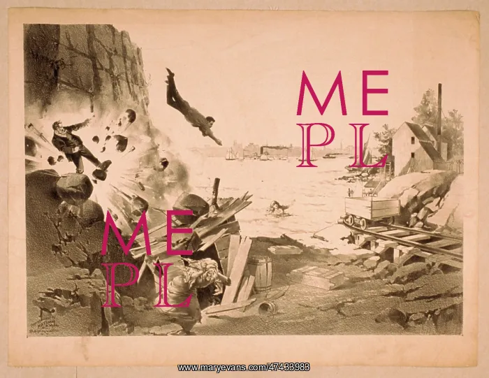 : Explosion in rock formation with people running, man diving : Explosion in rock formation with people running, man diving