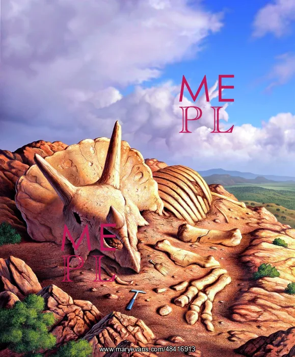 : The exposed bones of a Triceratops on a western landscape : The exposed bones of a Triceratops on a western landscape