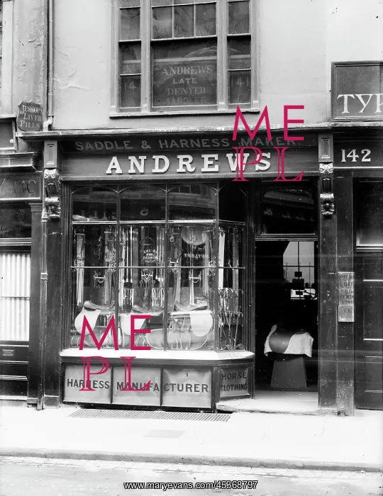 : Exterior view of the frontage of a saddle and harness shop : Exterior view of the frontage of a saddle and harness shop