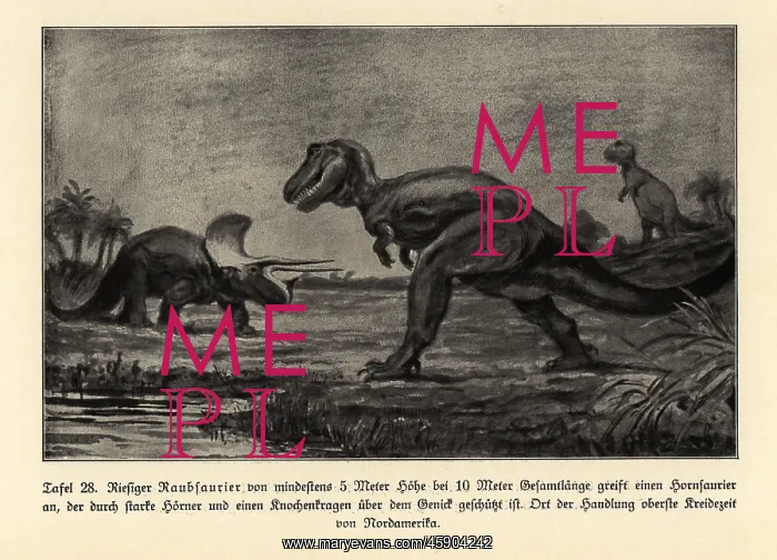 : Extinct giant predatory dinosaur attacking a horned dinosaur : Extinct giant predatory dinosaur attacking a horned dinosaur