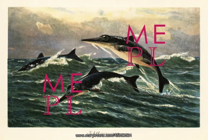 : Extinct ichthyosaurs jumping above the ocean : Extinct ichthyosaurs jumping above the ocean