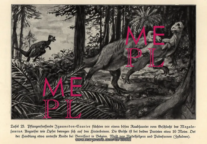 : Extinct Iguanodons fleeing a predatory Megalosaurus : Extinct Iguanodons fleeing a predatory Megalosaurus