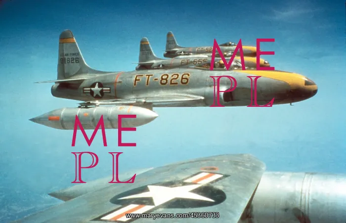 : F-80C jet fighters fly in formation ca. 1950. Designed : F-80C jet fighters fly in formation ca. 1950. Designed