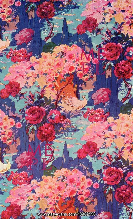 : Fabric design with pink flowers and birds : Fabric design with pink flowers and birds