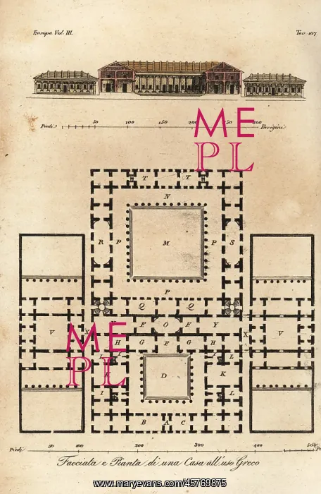 : Facade and plan of rooms in an ancient Greek house : Facade and plan of rooms in an ancient Greek house