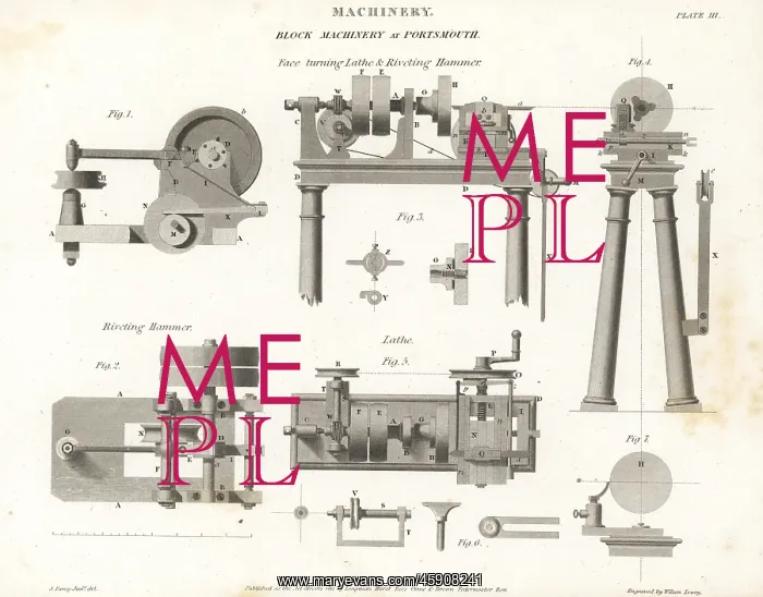 : Face-turning lathe and riveting hammer, 18th century : Face-turning lathe and riveting hammer, 18th century