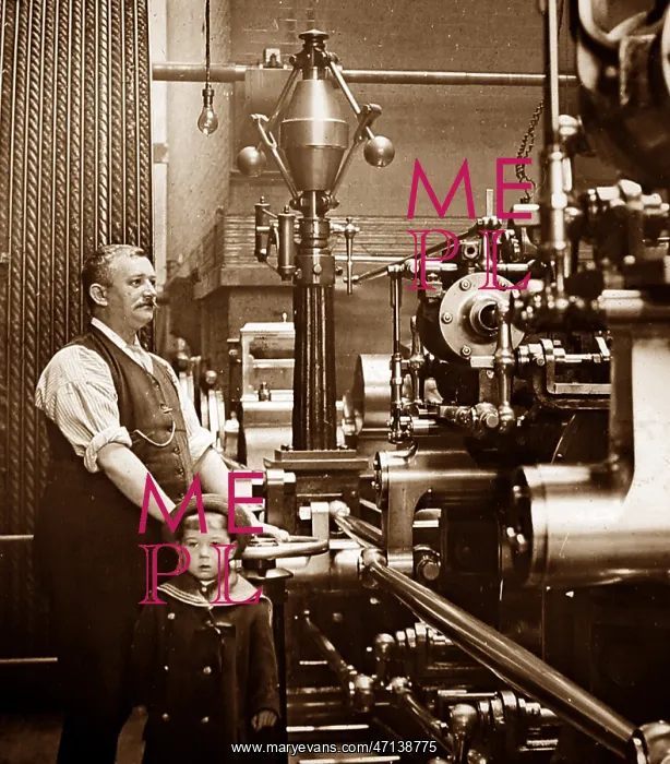 : Factory or mill steam engine driver and his son : Factory or mill steam engine driver and his son
