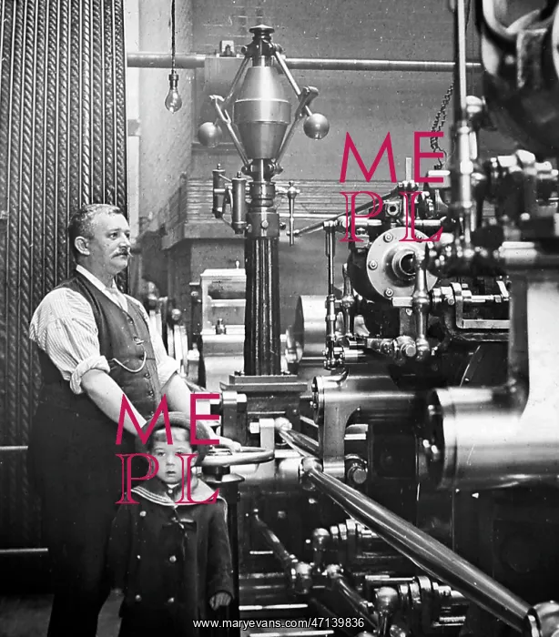 : Factory or mill steam engine driver and his son : Factory or mill steam engine driver and his son